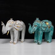 Wood Carved Elephant - Turquois Gold