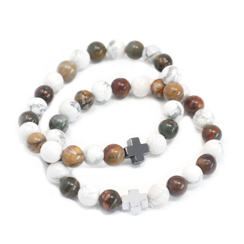 Set of 2 Gemstones Friendship Bracelets - Piece - Picasso Jasper & White Howlite