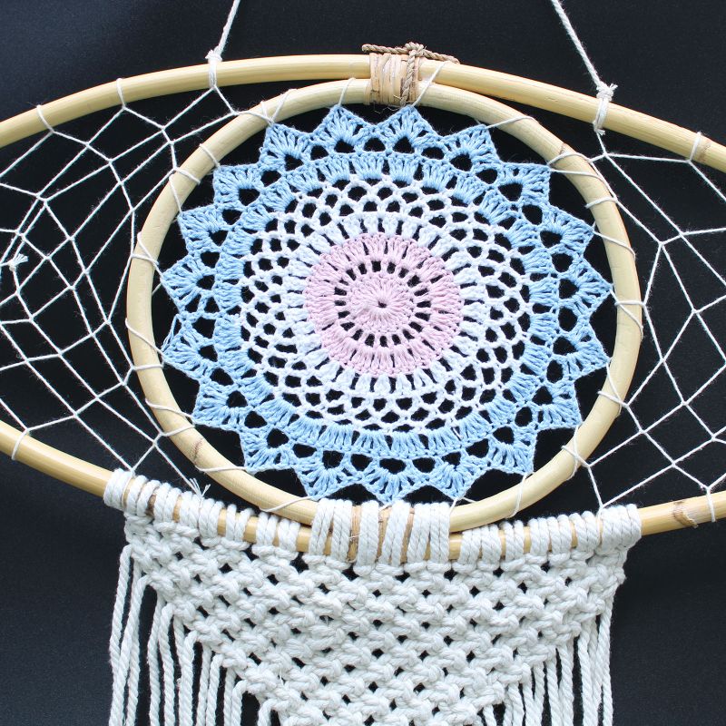Protection Dream Catcher - Lrg Macrame Evil Eye White/ Blue/Grey