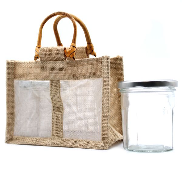 Pure Jute and Cotton Window Gift Bag - Two Jars 'Natural'