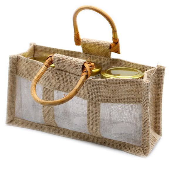Pure Jute and Cotton Window Gift Bag - Three Jars 'Natural'