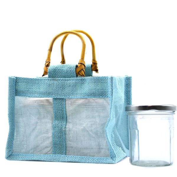 Pure Jute and Cotton Window Gift Bag - Two Jars 'Teal'