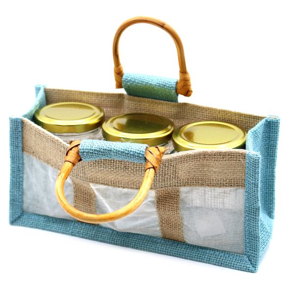 Pure Jute and Cotton Window Gift Bag - Three Jars 'Teal'
