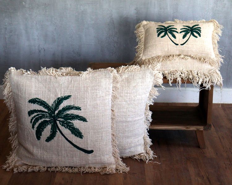 Linen Cushion 45x45cm Palm Tree  with Fringe
