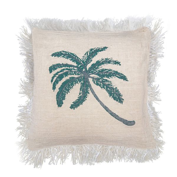 Linen Cushion 45x45cm Palm Tree  with Fringe