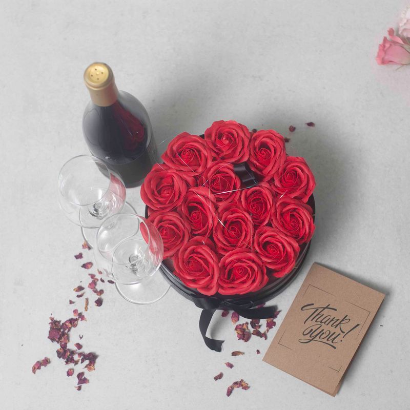 Soap Flower Bouquet - 14 Red Roses - Round