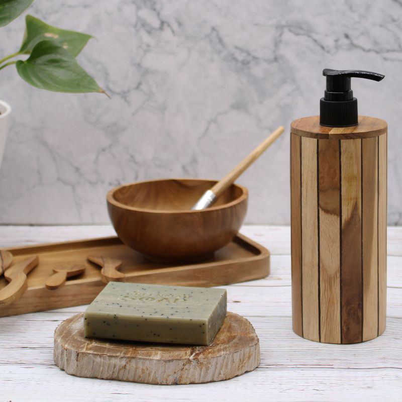 Natural Teakwood Soap Dispencer - Round