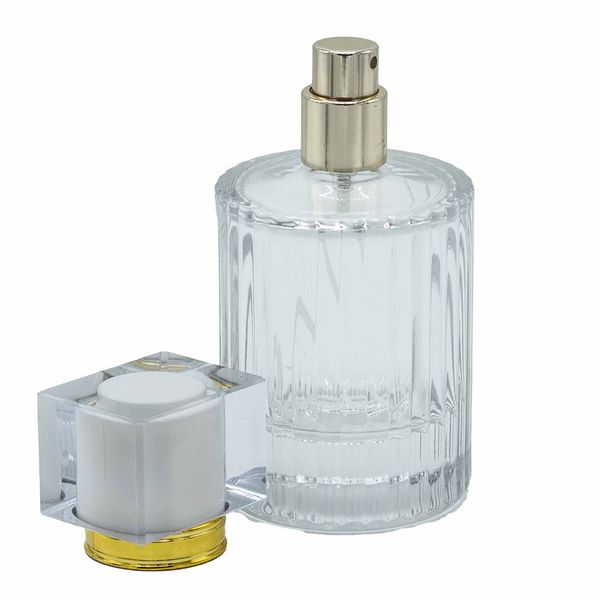 White - 50ml Round Ribbed Bottle, Spray and Cap
