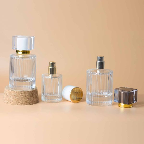 White - 50ml Round Ribbed Bottle, Spray and Cap
