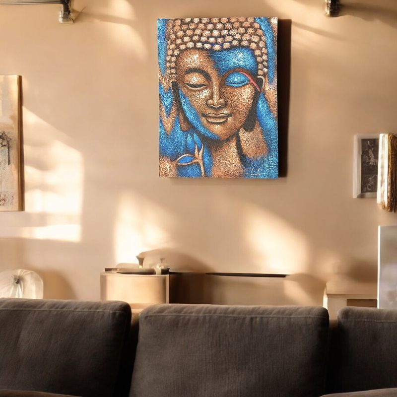 Buddha Painting - Bronze & Blue Flower