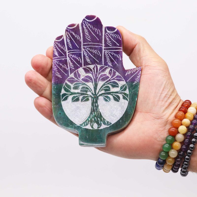 Soapstone Med Hamsa Incense Holder 13x9cm - Tree of Life