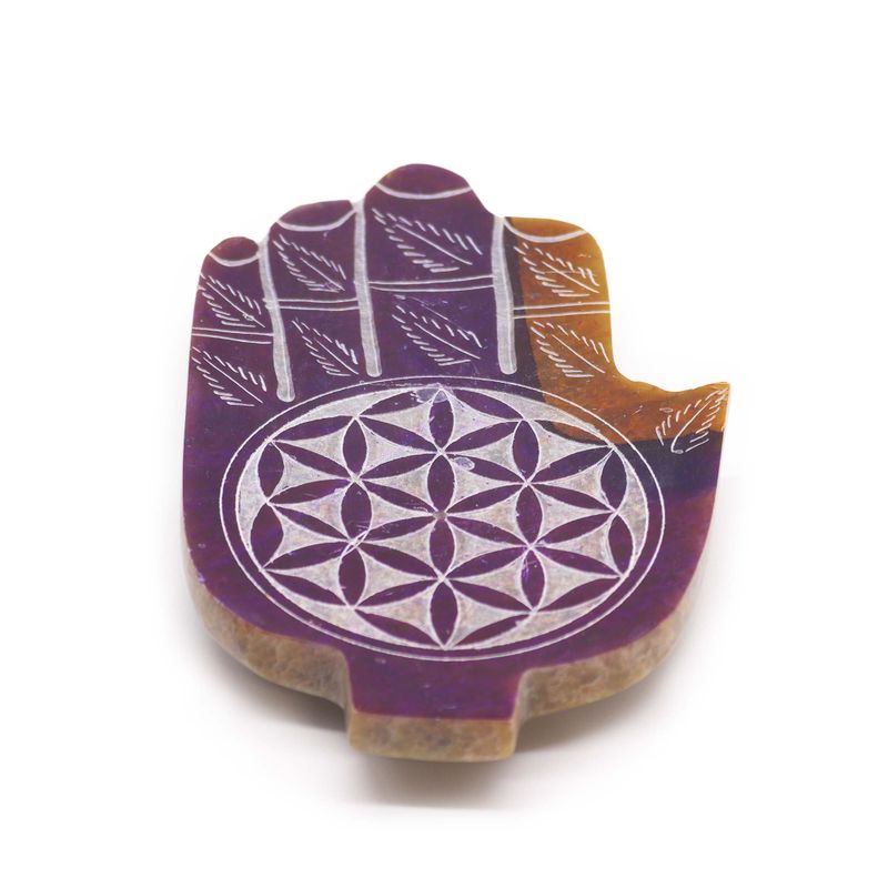 Soapstone Med Hamsa Incense Holder 13x9cm - Flower of Life