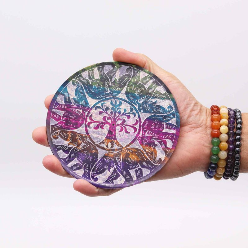 Soapstone Disc Incense Holder 12cm - 6 Lucky Elephants