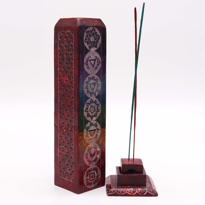 Soapstone Square Tower Incense Holder 25cm - 7 Charkras