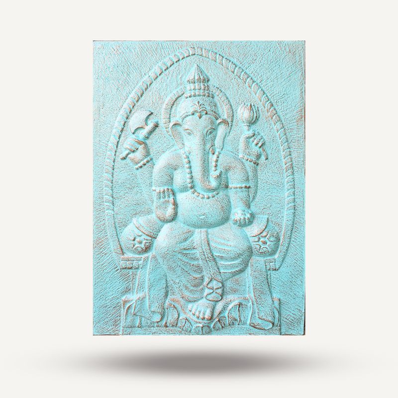 Large Ganpati Turquoise Relief - 0.7x1m