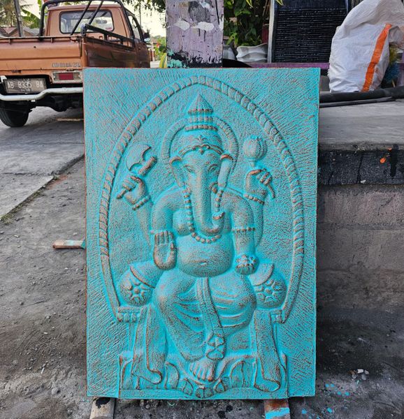 Large Ganpati Turquoise Relief - 0.7x1m
