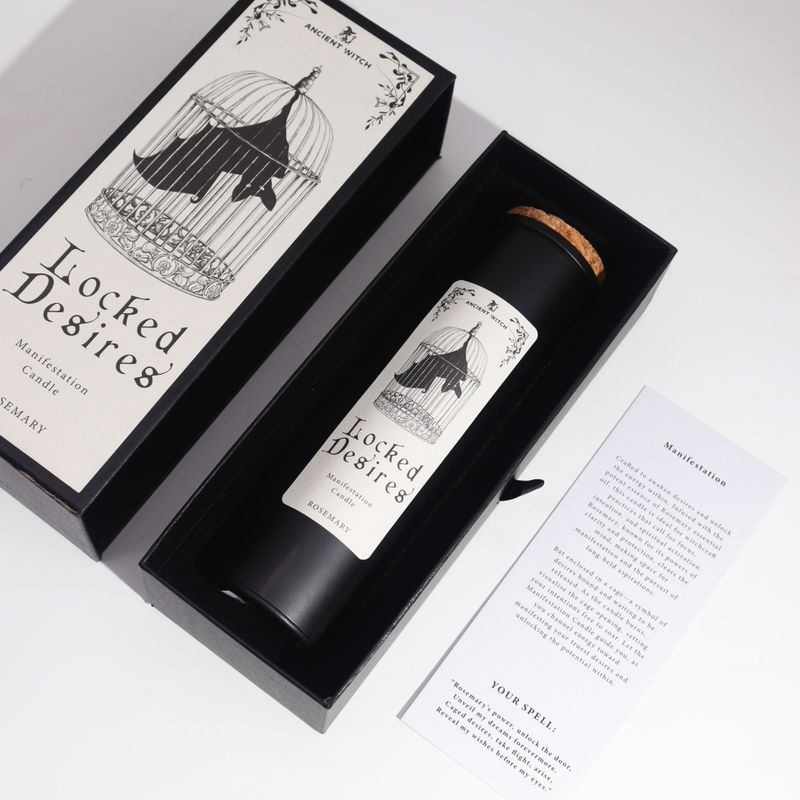 Locked Desires black candle with cork lid inside its gift box