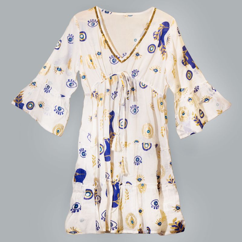(ML) Nomad Sari On the Med Collection - Dress -  White , Blue & Gold Evil Eye Design