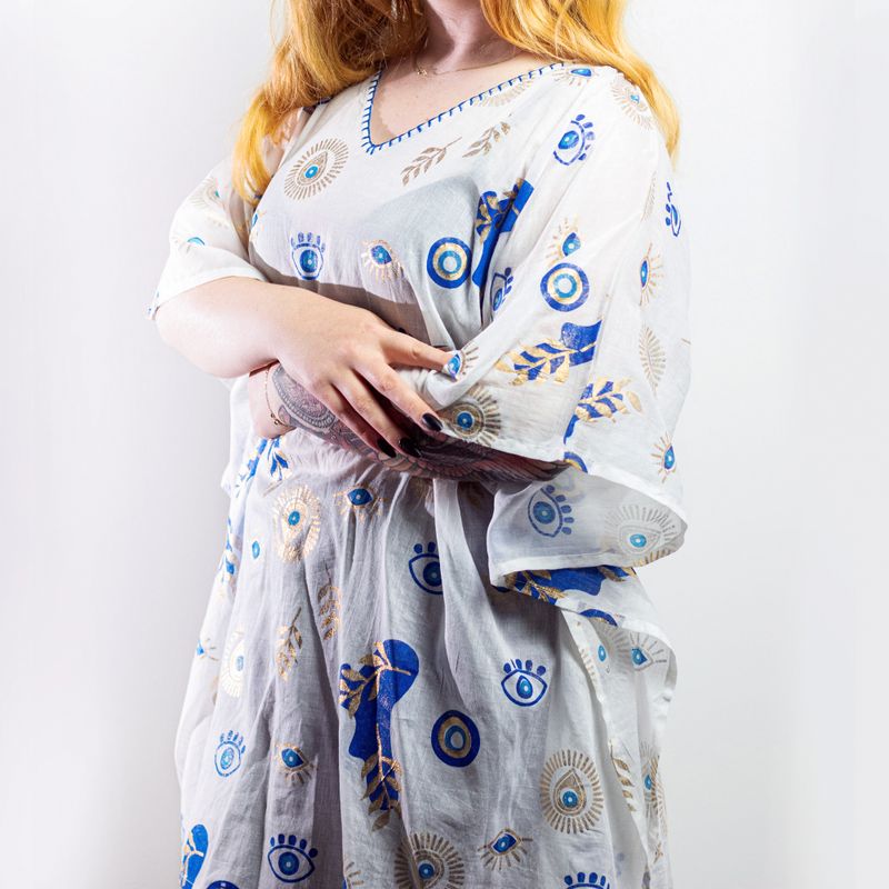 Nomad Sari - Kaftan - White , Blue & Gold Evil Eye Design