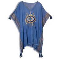 Nomad Sari - Kaftan - Rich Blue & Gold Hand Painted Evil Eye Design - Handpainted