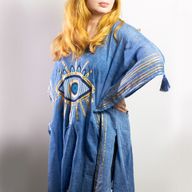 Nomad Sari - Kaftan - Rich Blue & Gold Hand Painted Evil Eye Design - Handpainted