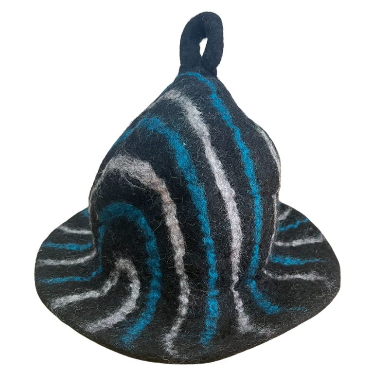 Felted Sauna Bowl Hat - Black Blue Streaks