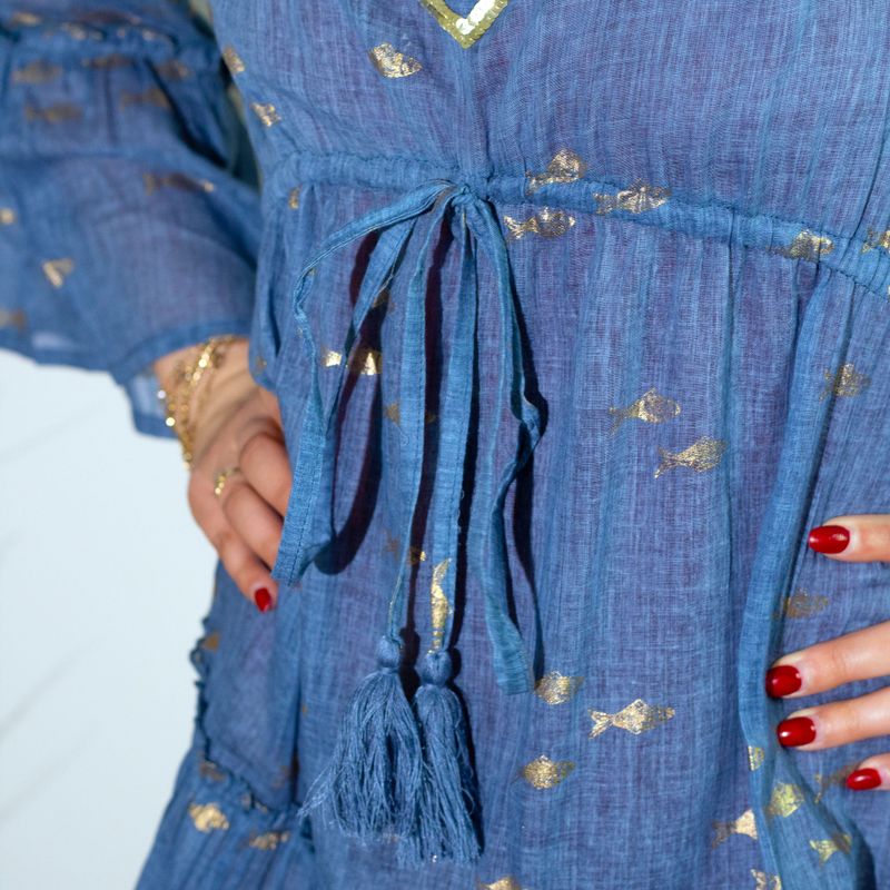 (ML) Nomad Sari On the Med Collection - Dress - Sea Blue & Gold Fish Design