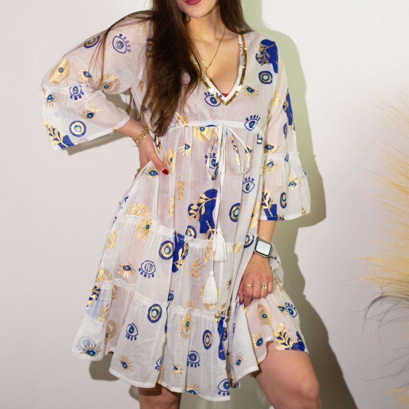 (ML) Nomad Sari On the Med Collection - Dress -  White , Blue & Gold Evil Eye Design