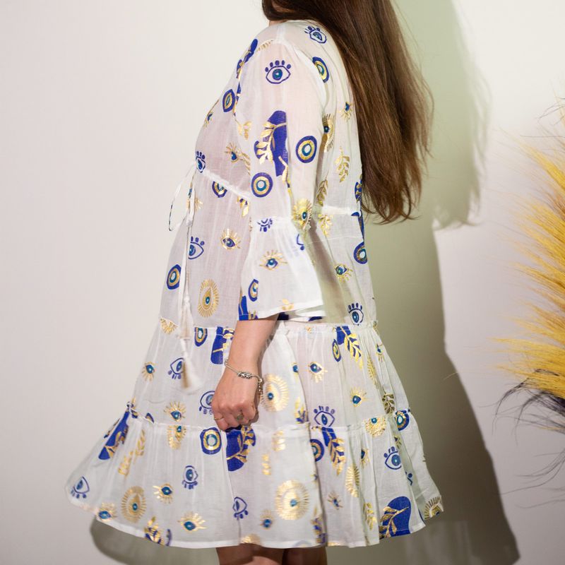 (ML) Nomad Sari On the Med Collection - Dress -  White , Blue & Gold Evil Eye Design