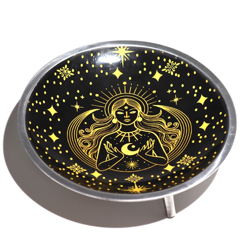 Triple Leg Enameled Offering Plate - Gold Goddess on Black
