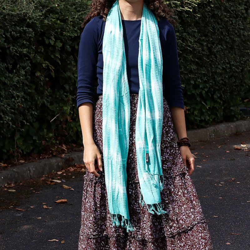 Boho Java Art Stole/Scarf - Teal Stripes & Motif - 62x200cm
