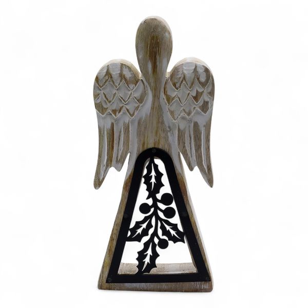 Mango Wood Angel - Whitewash with Iron Decor Cut Out - 18cm