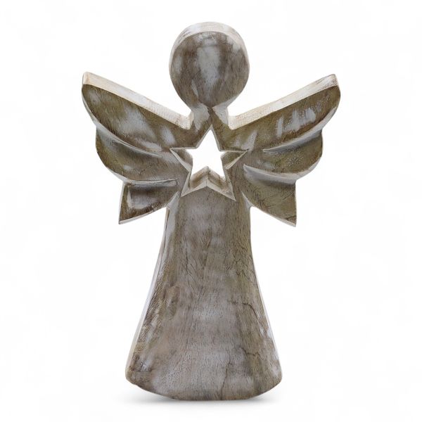 Mango Wood Angel - Whitewash with Star Cut Out - 18cm