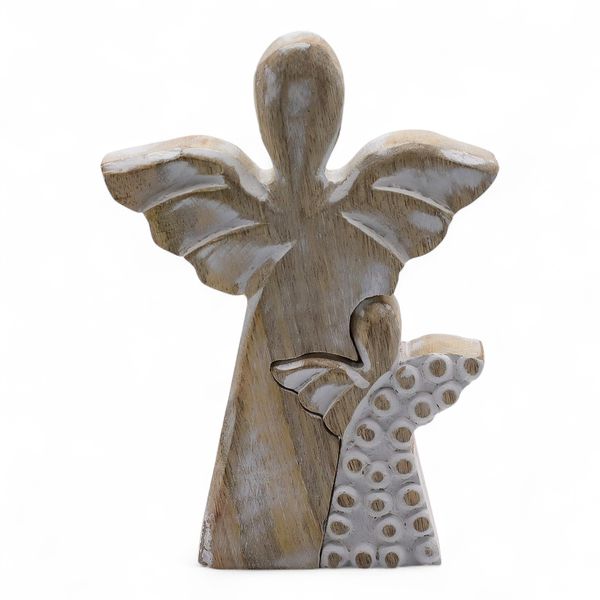 Mango Wood Angel in Angel - Whitewash - 15cm