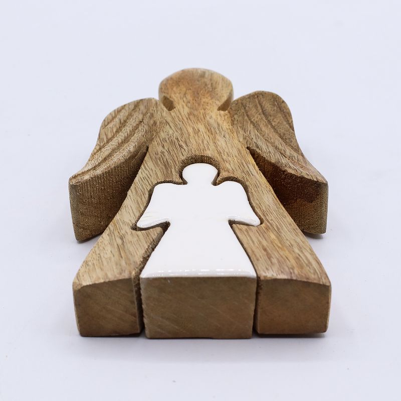 Mango Wood Angel in Angel - White Enamel - 15cm