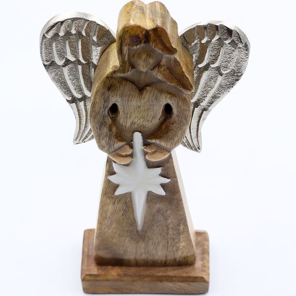 Large Mango Wood Peace Angel Metal Wings & Enamel Detail - 30cm