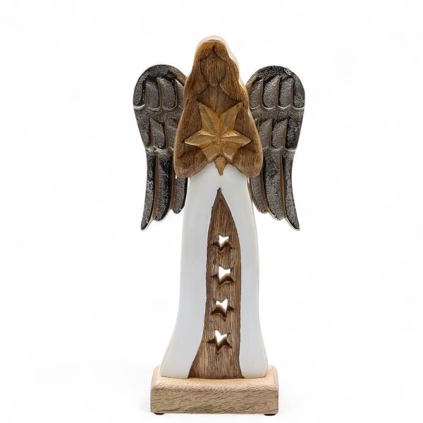Large Mango Wood Star Angel Metal Wings & Enamel Detail - 30cm