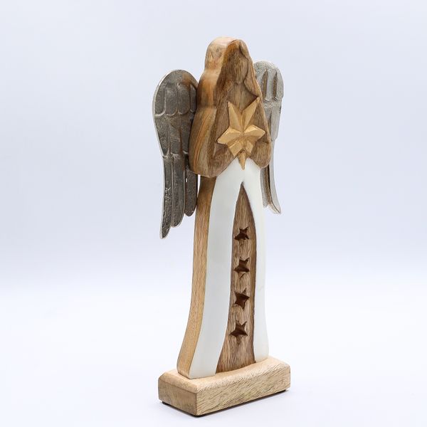 Large Mango Wood Star Angel Metal Wings & Enamel Detail - 30cm
