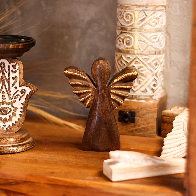 Med Mango Wood Angel - Gold Decor - 16cm