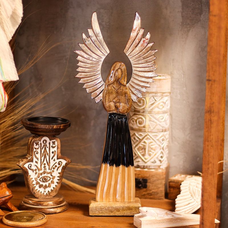 Large Mango Wood Gardian Angel Metal Wings & Enamel Detail - 40cm