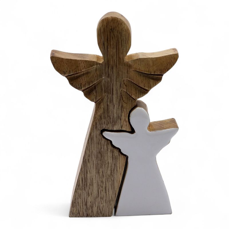 Mango Wood Angel in Angel - White Enamel - 15cm