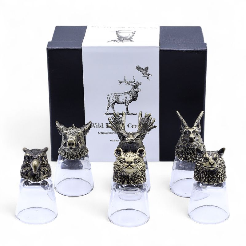 Bottom Up Shot Glasses (50ml) - Wild Forest Creatures - Antique Bronze