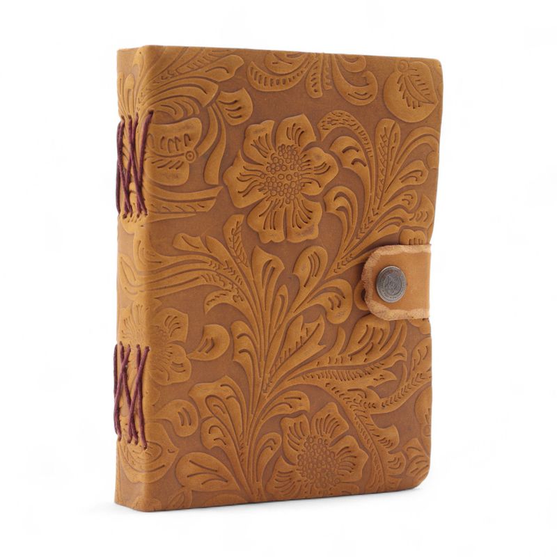 Leather Embossed Notebooks (7x5") - Tan Floral Pattern - 200 Pages