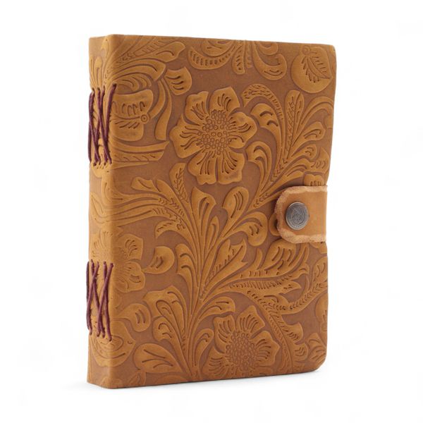 Leather Embossed Notebooks (7x5") - Tan Floral Pattern - 200 Pages