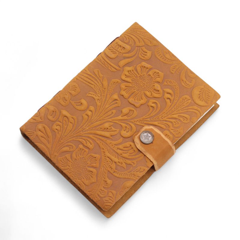 Leather Embossed Notebooks (7x5") - Tan Floral Pattern - 200 Pages
