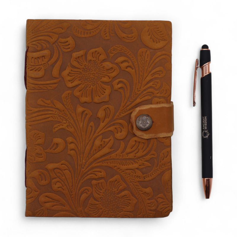 Leather Embossed Notebooks (7x5") - Tan Floral Pattern - 200 Pages