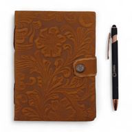 Leather Embossed Notebooks (7x5") - Tan Floral Pattern - 200 Pages