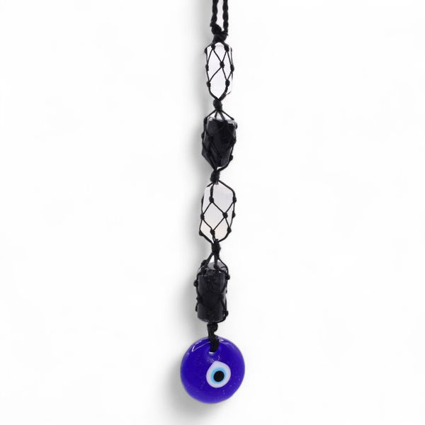 Hanging Stone Pendant - Black Tourmaline & Selenite Tumble - Evil Eye
