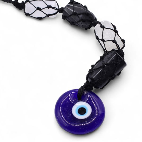 Hanging Stone Pendant - Black Tourmaline & Selenite Tumble - Evil Eye