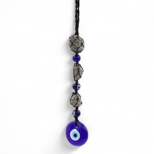 Hanging Stone Pendant - Pyrite Stones & Beads - Evil Eye